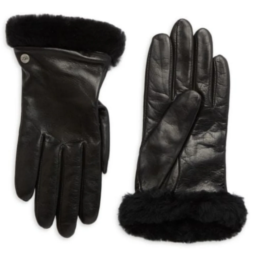 UGG Womens Shearling-Trim cuff Black leather Shorty Gloves Size Large